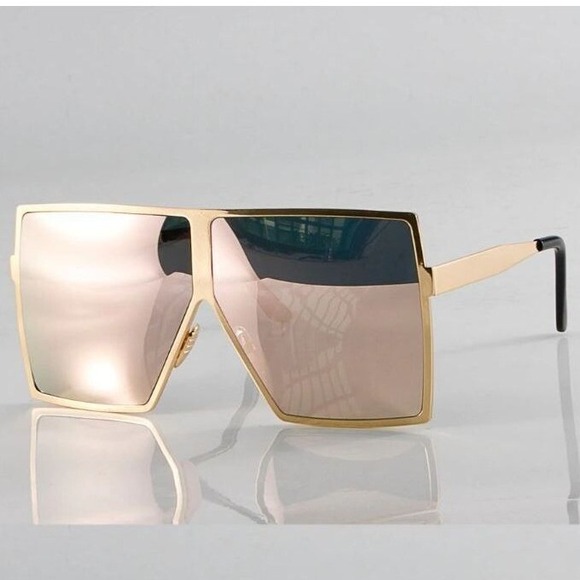Oversize Vintage Retro Shield Style SUN GLASSES XL Square Gold Frame Pink Lens - Picture 3 of 10